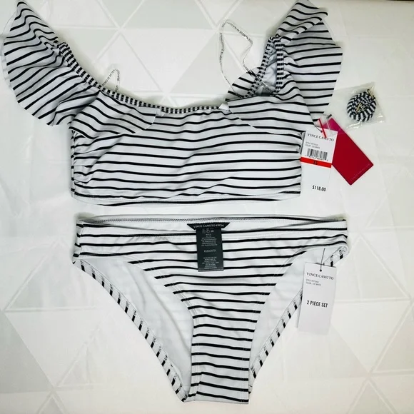 Vince Camuto  2 Pice White and Black Swimsuit  Stripe Bikini Size XS New - Picture 2 of 9